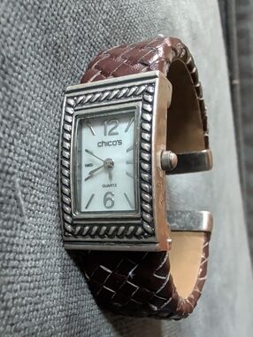 Chico's Brown Braided Leather Strap Silver-Tone Rectangular Watch